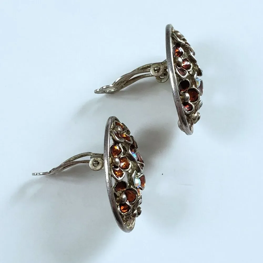 Vintage Earrings Silvertone Floral Enamel Rhinestone Classic Midcentury Clip Ons